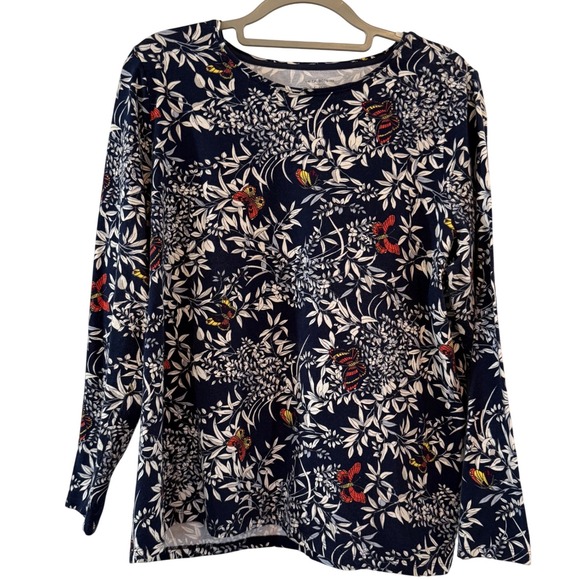 Talbots Tops - Talbots Navy Butterfly Botanical Long Sleeve Jersey Knit Top Large 95% Cotton